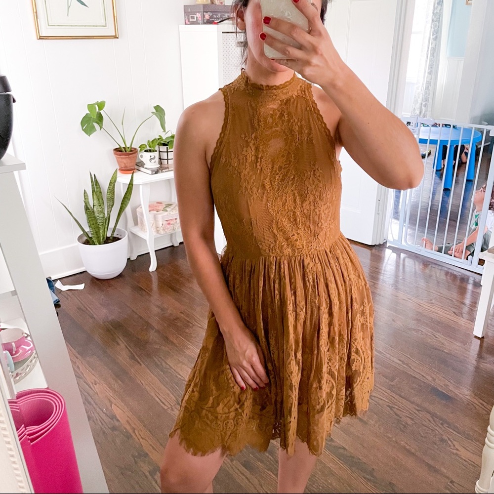Free People Rust Brown Lace Halter Mini Dress